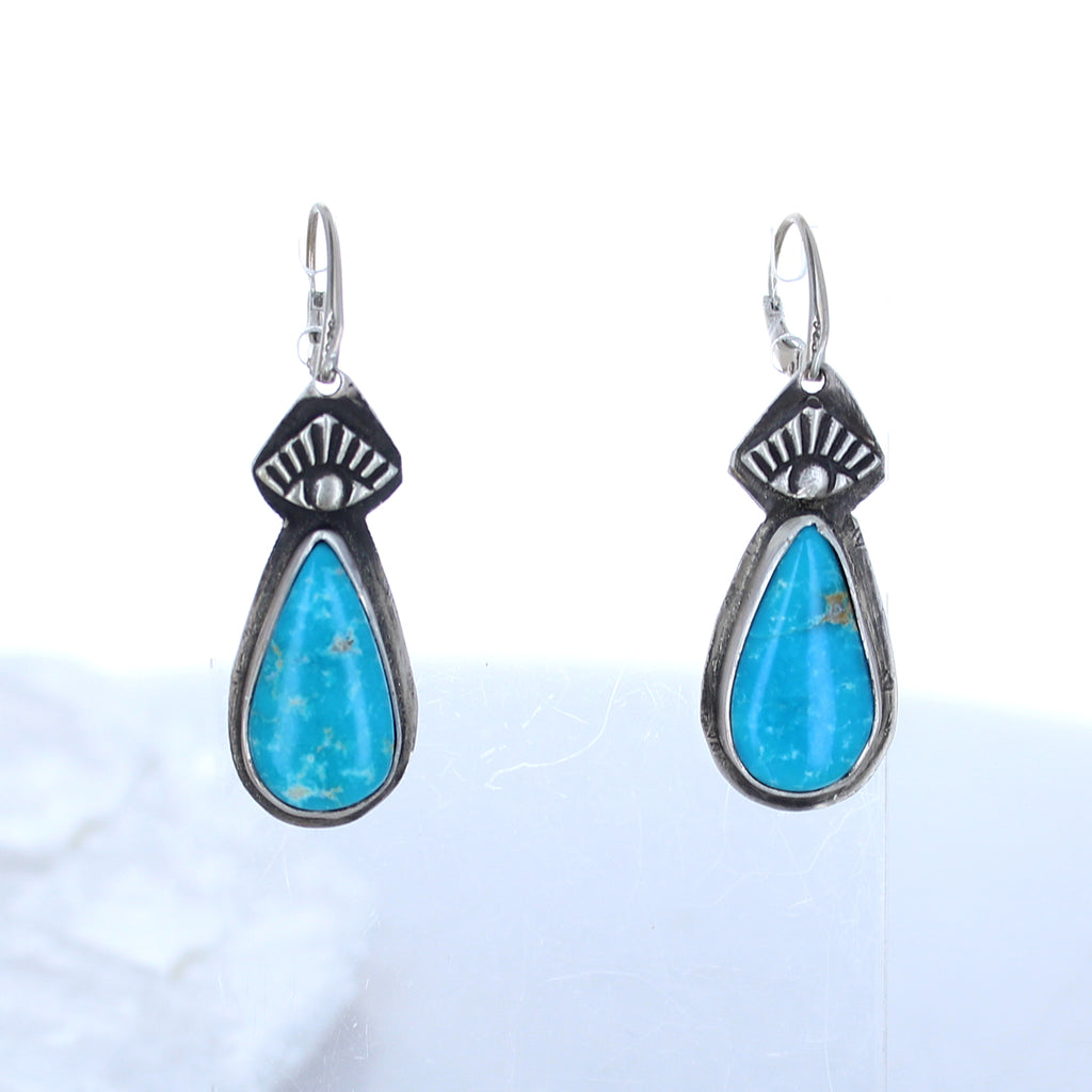 Blue Ridge Turquoise Earrings Sterling Silver Teardrops Protective Eye -NewWorldGems