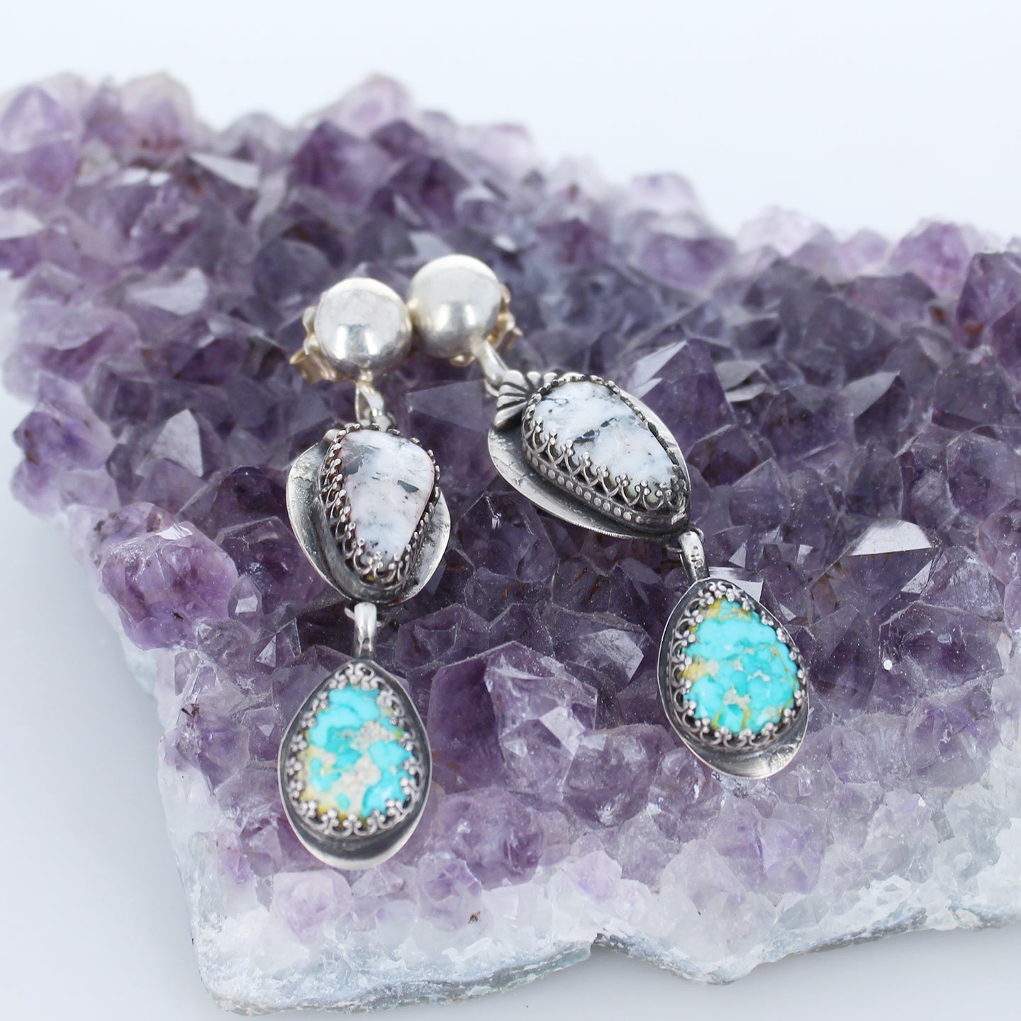 Gorgeous Sonoran Blue and White Buffalo Turquoise Earrings Sterling -NewWorldGems