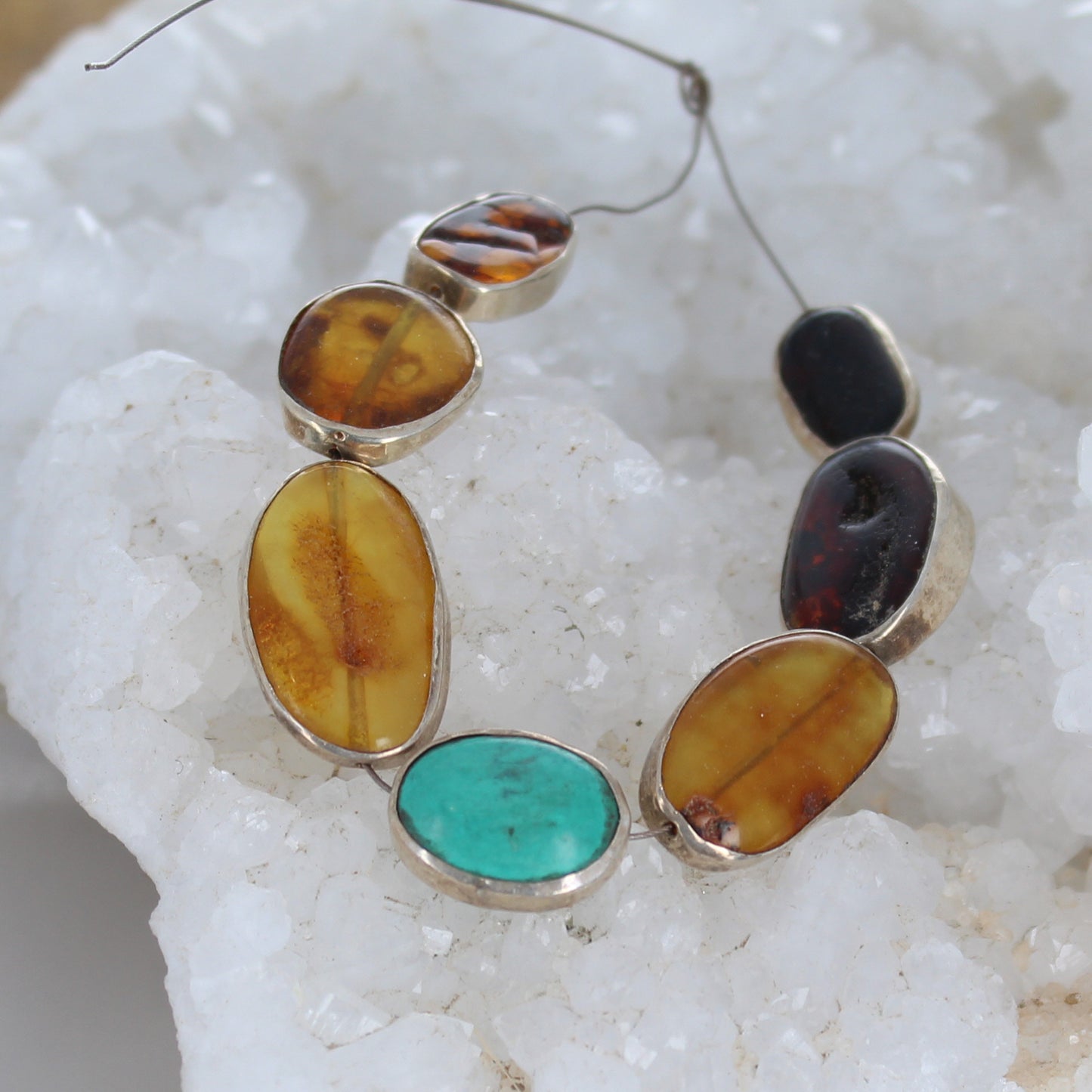 STERLING SILVER RIMMED Kingman Turquoise and Amber Beads -NewWorldGems