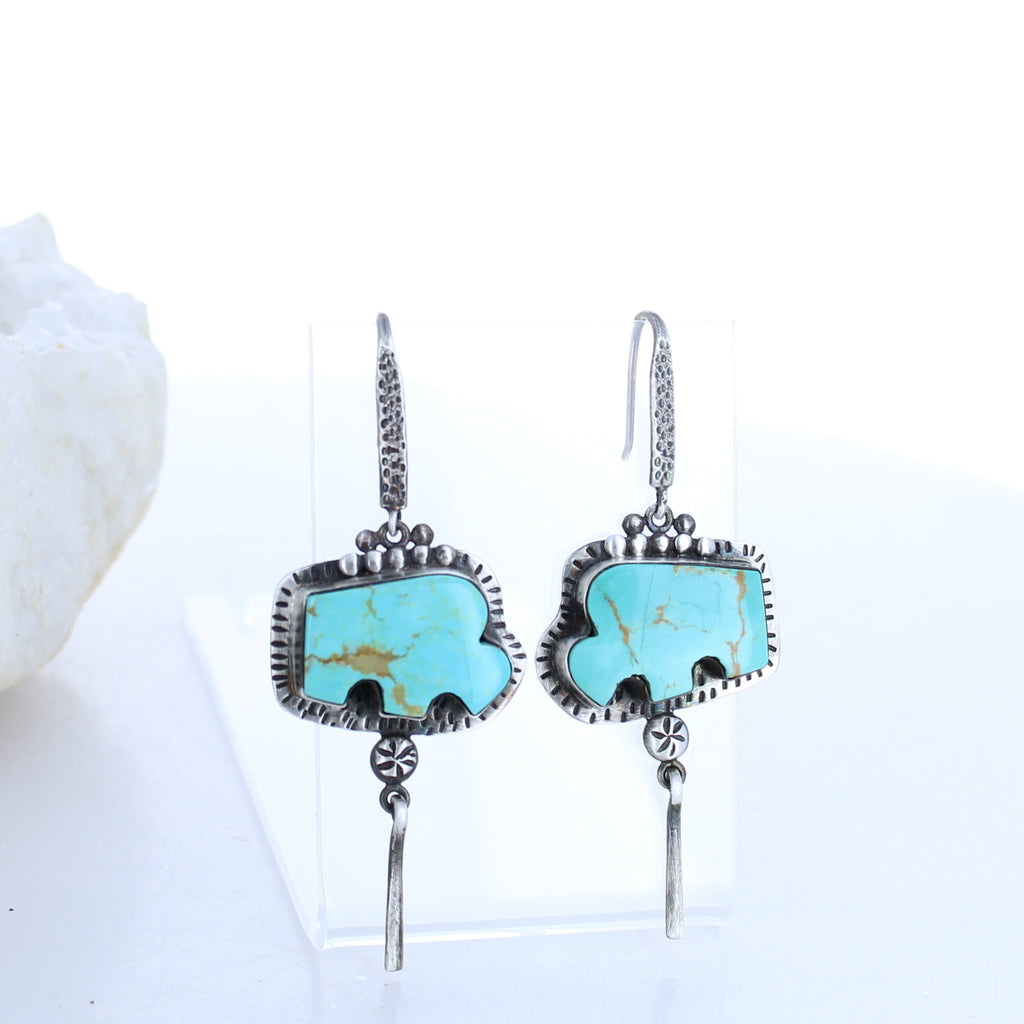 Carved Buffalo Turquoise Earrings Sterling Southwest Oxidized -NewWorldGems