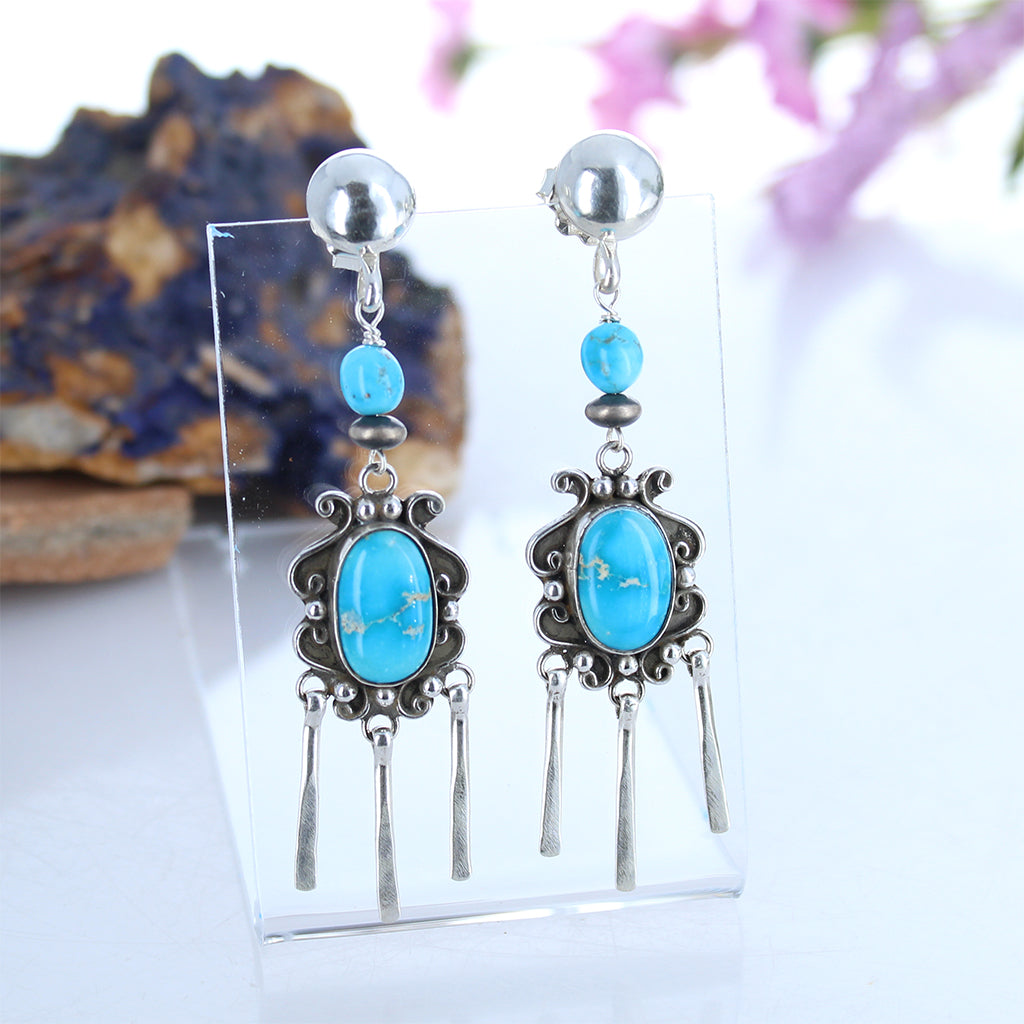 Blue Ridge Nevada Turquoise Earrings Scroll Design Dangles -NewWorldGems