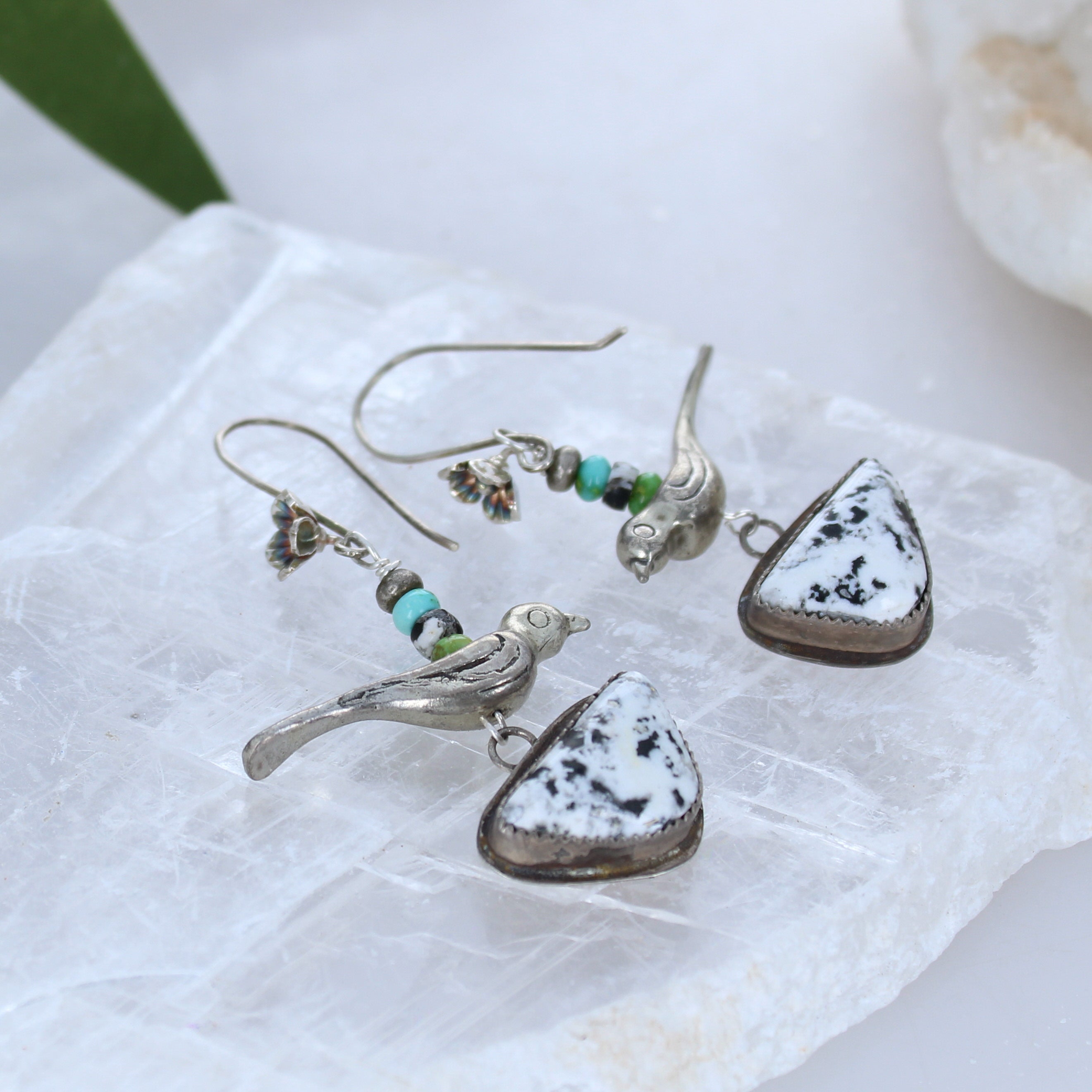 Gorgeous White Buffalo Sonoran Blue and White Turquoise Earrings Sterling Birds -NewWorldGems