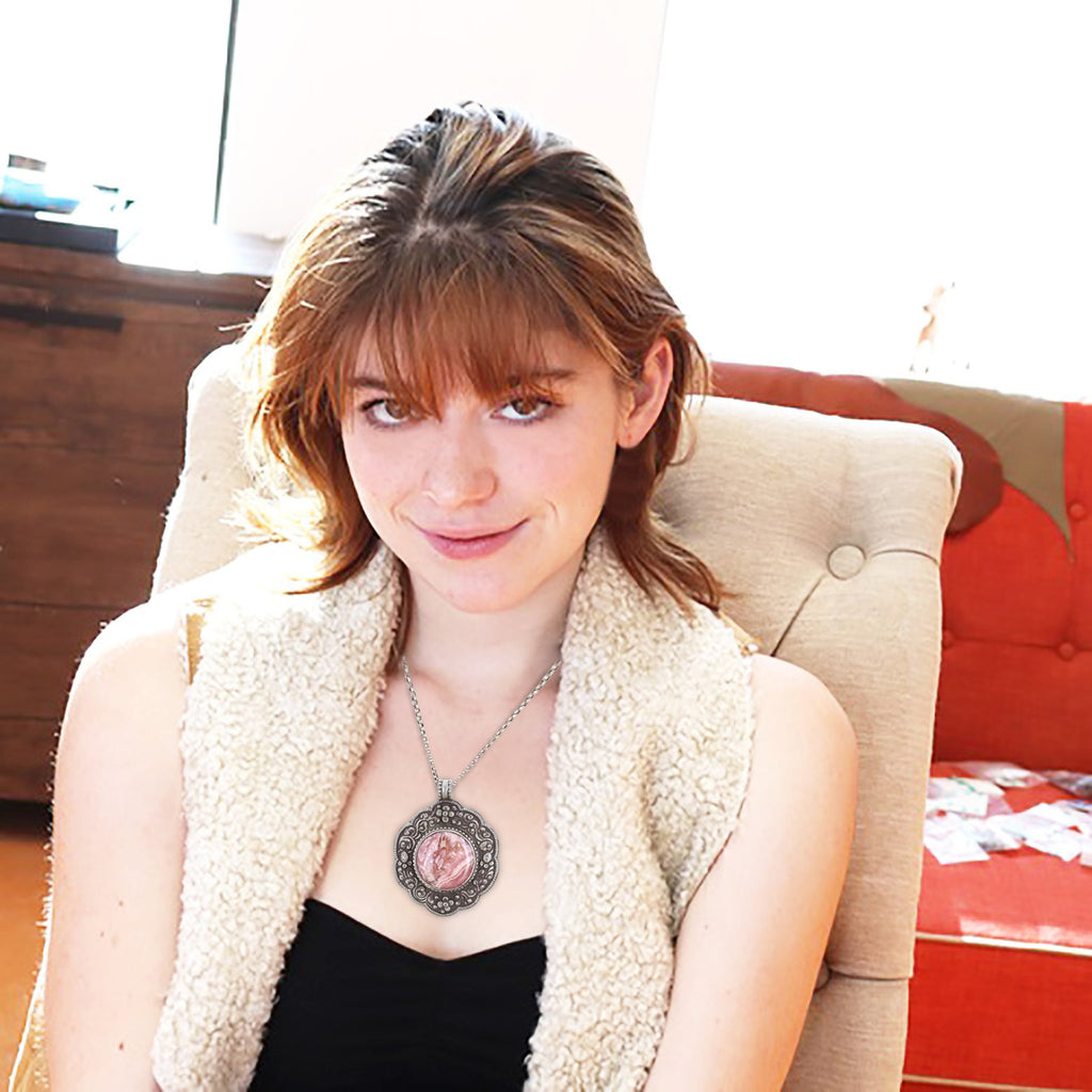 Rhodochrosite Sterling Tibetan Pendant Necklace -NewWorldGems