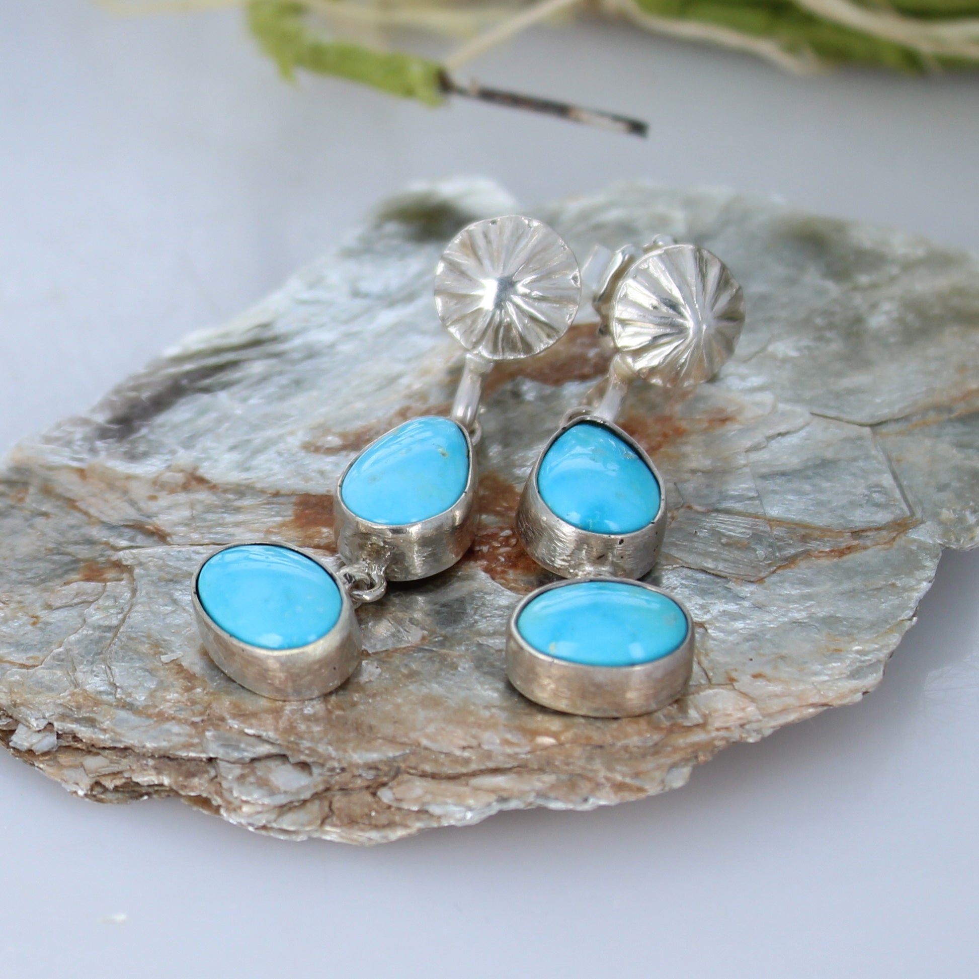 Blue Bird Nevada Turquoise Sterling Earrings 2 Stone Dangles -NewWorldGems