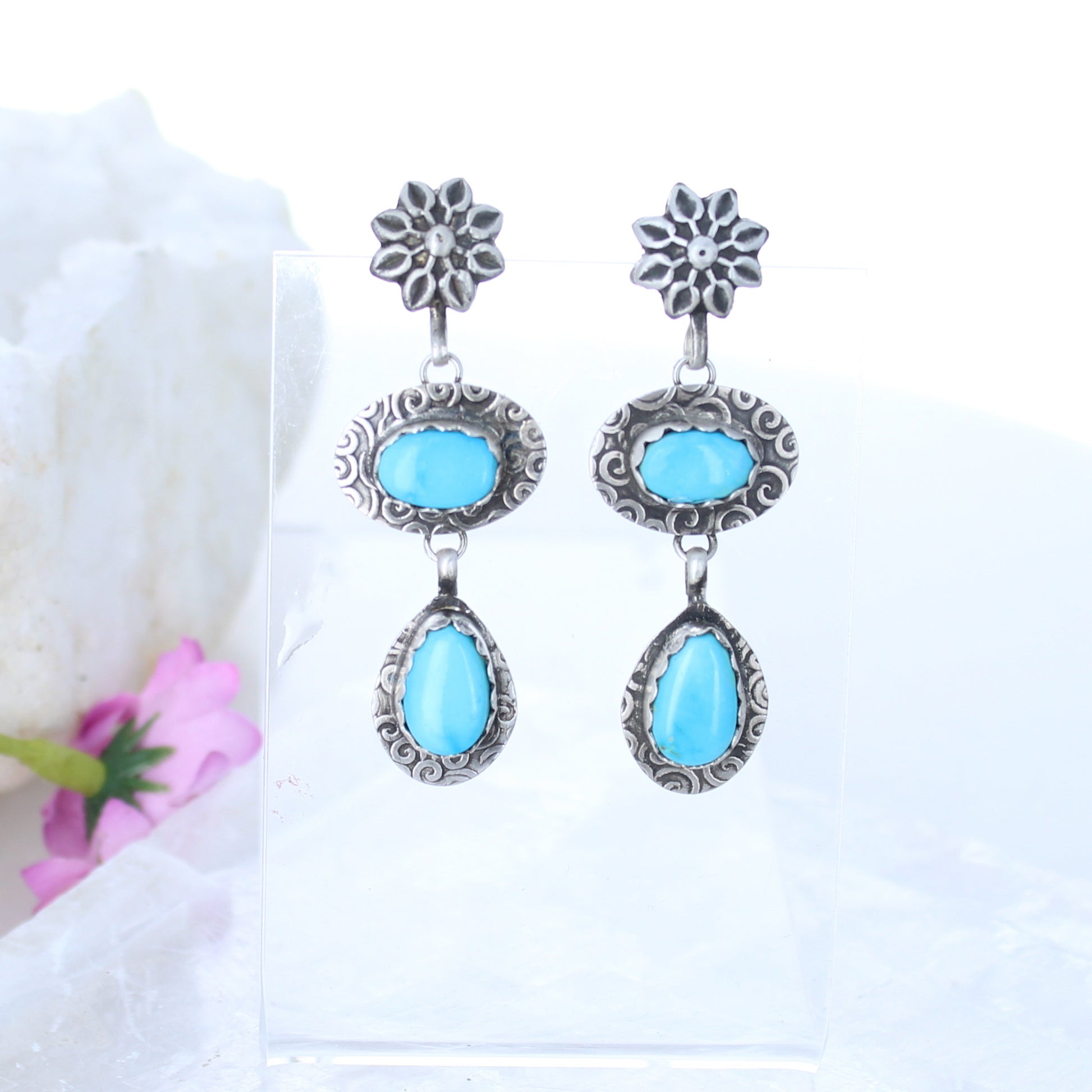 Blue Ridge Turquoise Earrings 2 Stone Blue Spiral Design Sterling -NewWorldGems