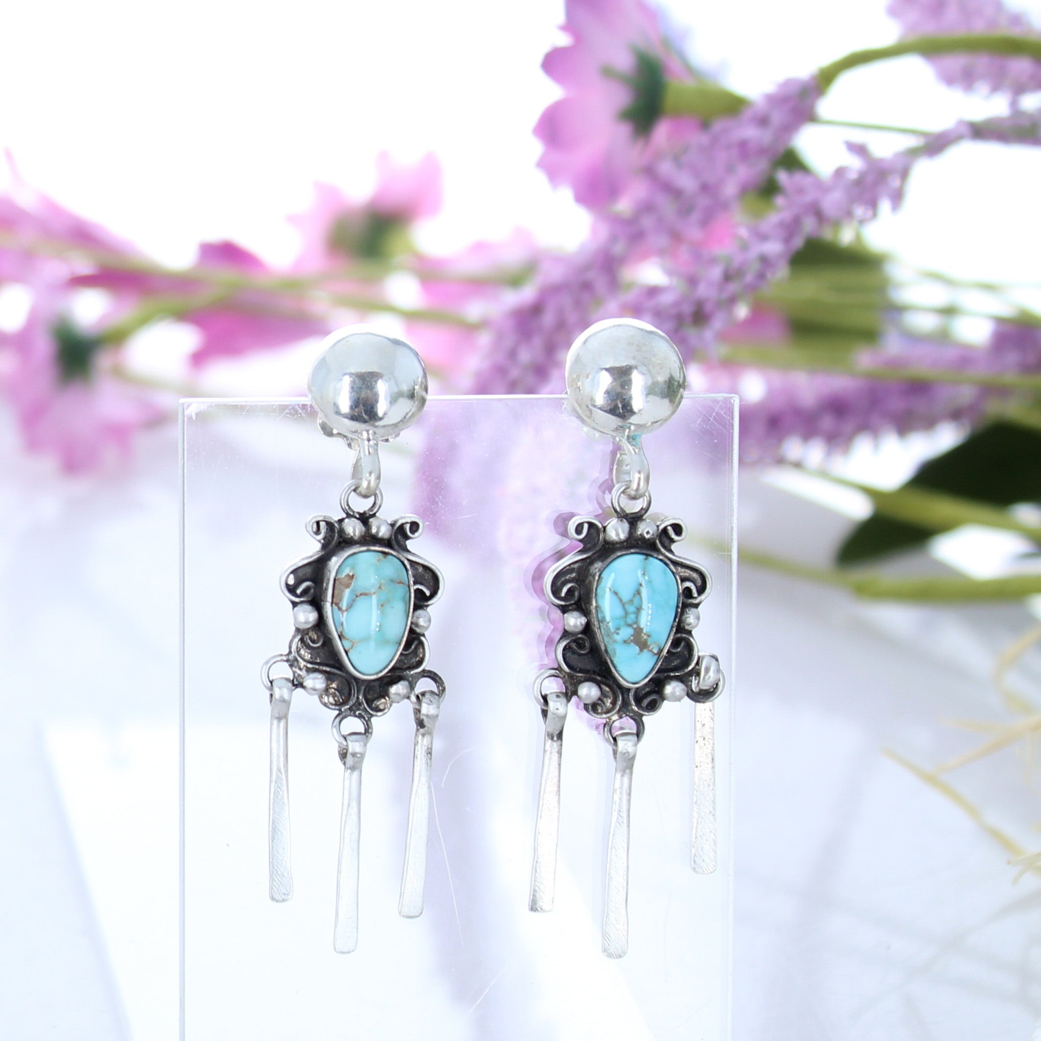 Rare DRY CREEK TURQUOISE Scroll Earrings Sterling -NewWorldGems