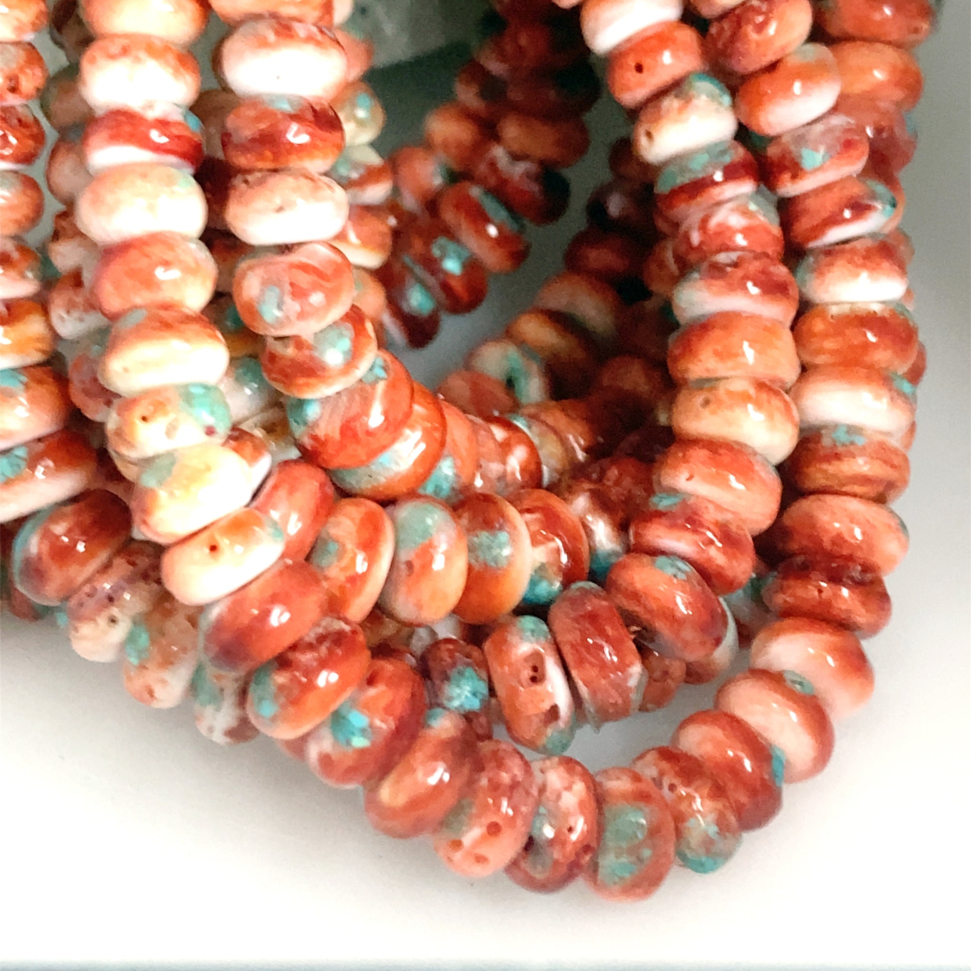 Light Red Spiny Oyster Beads With Turquoise Inlay 16" 8mm -NewWorldGems