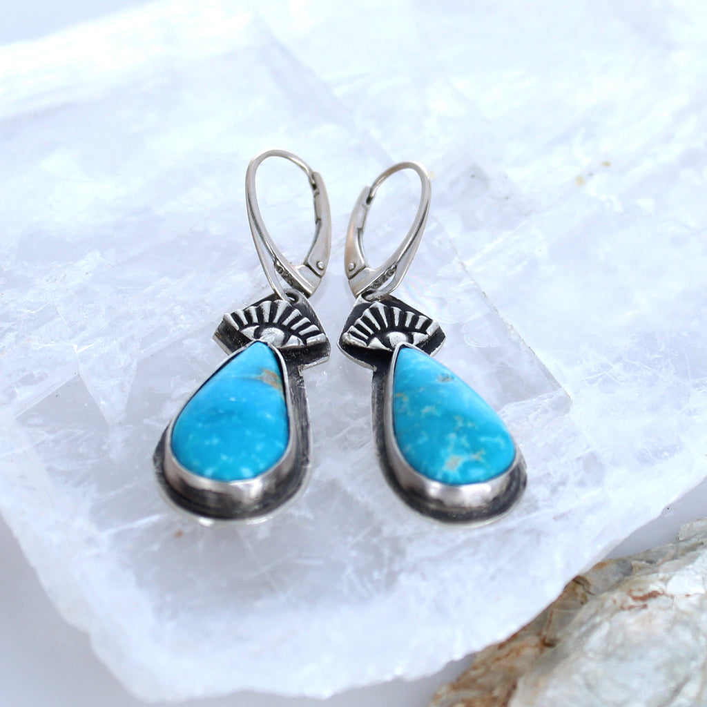 Blue Ridge Turquoise Earrings Sterling Silver Teardrops Protective Eye -NewWorldGems