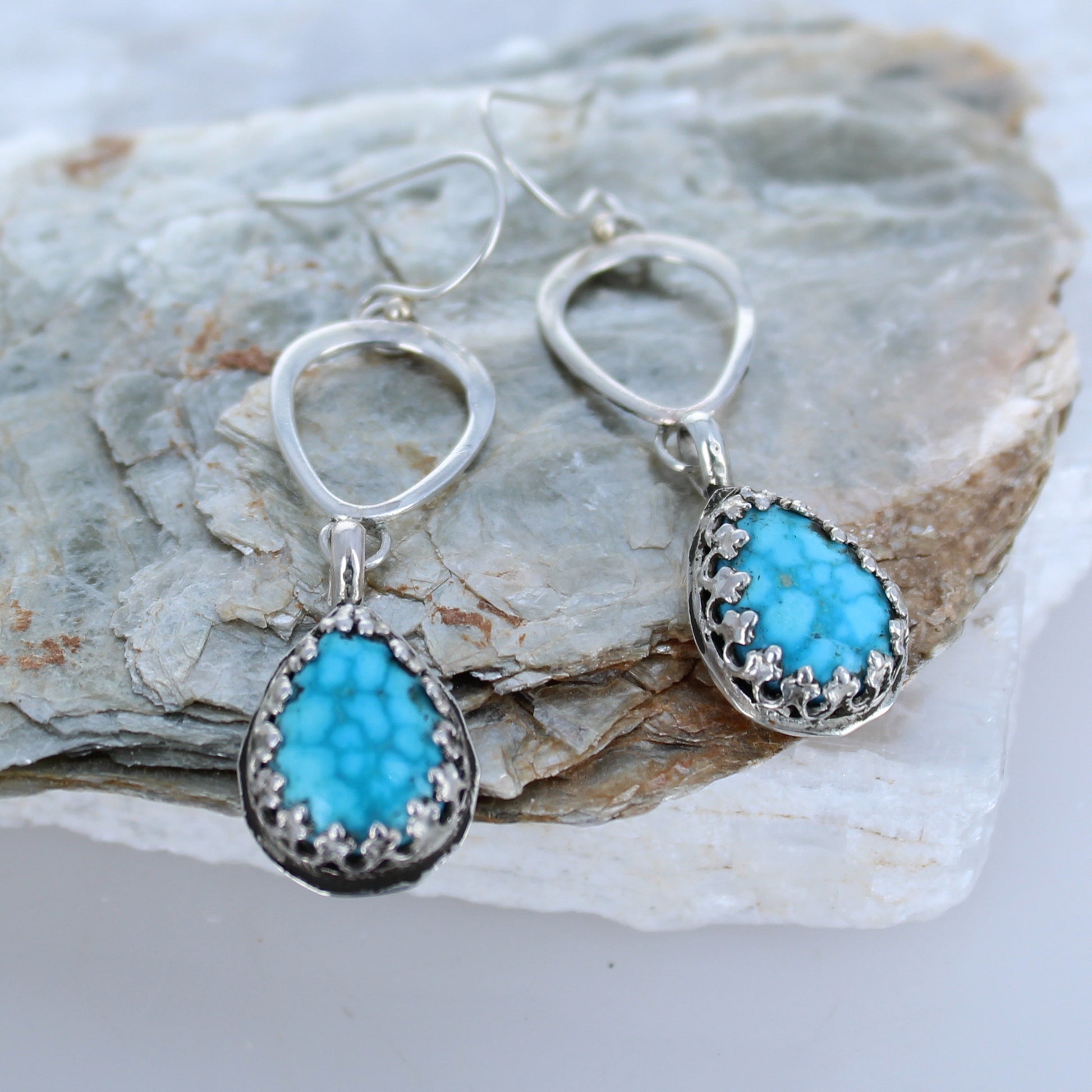 AAA Kingman Turquoise Earrings Waterweb Teardrops Sterling -NewWorldGems