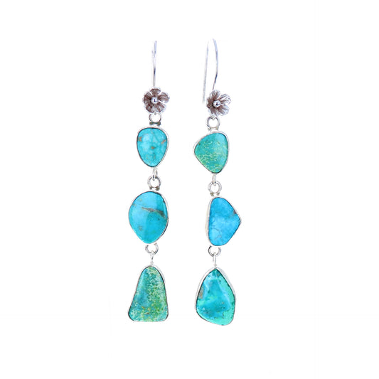 Ocean Blues Turquoise Earrings 3-Stone Sterling Dazzlers -NewWorldGems