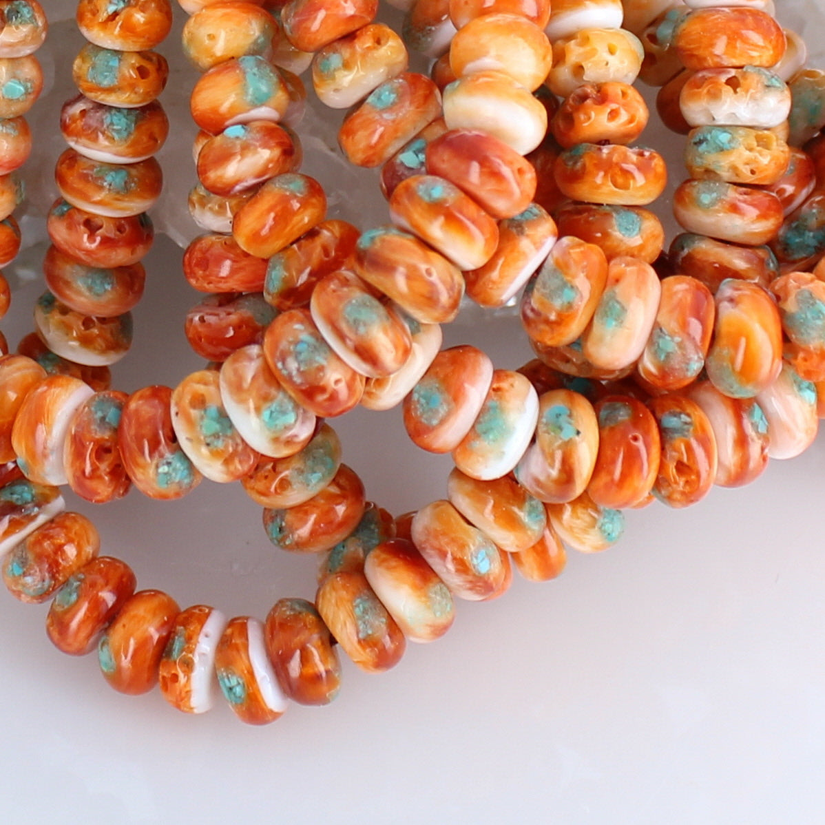 Red Orange Spiny Oyster Beads With Turquoise Inlay 16" Graduated 4-8mm -NewWorldGems