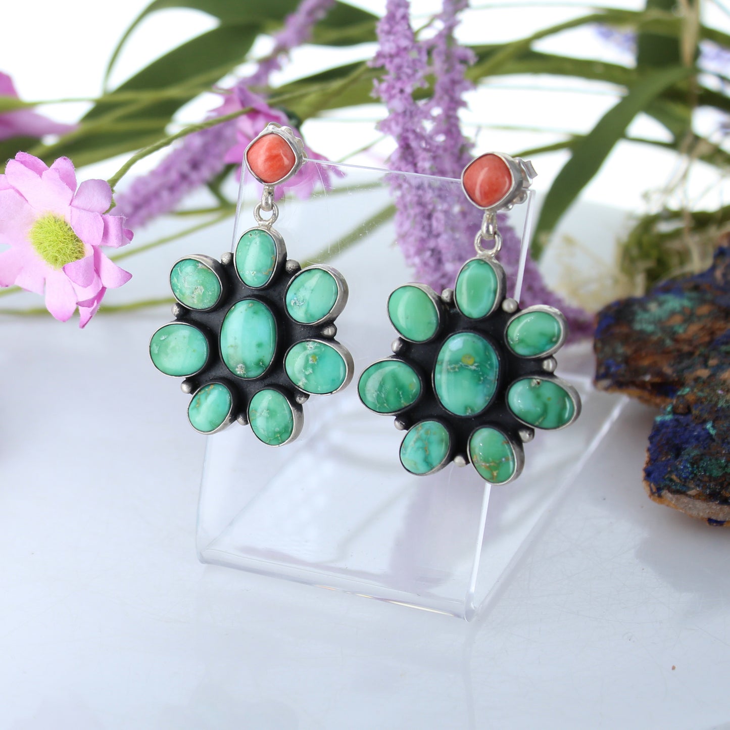 Emerald Valley Turquoise Flower Earrings Sterling Southwest 9 Stones -NewWorldGems