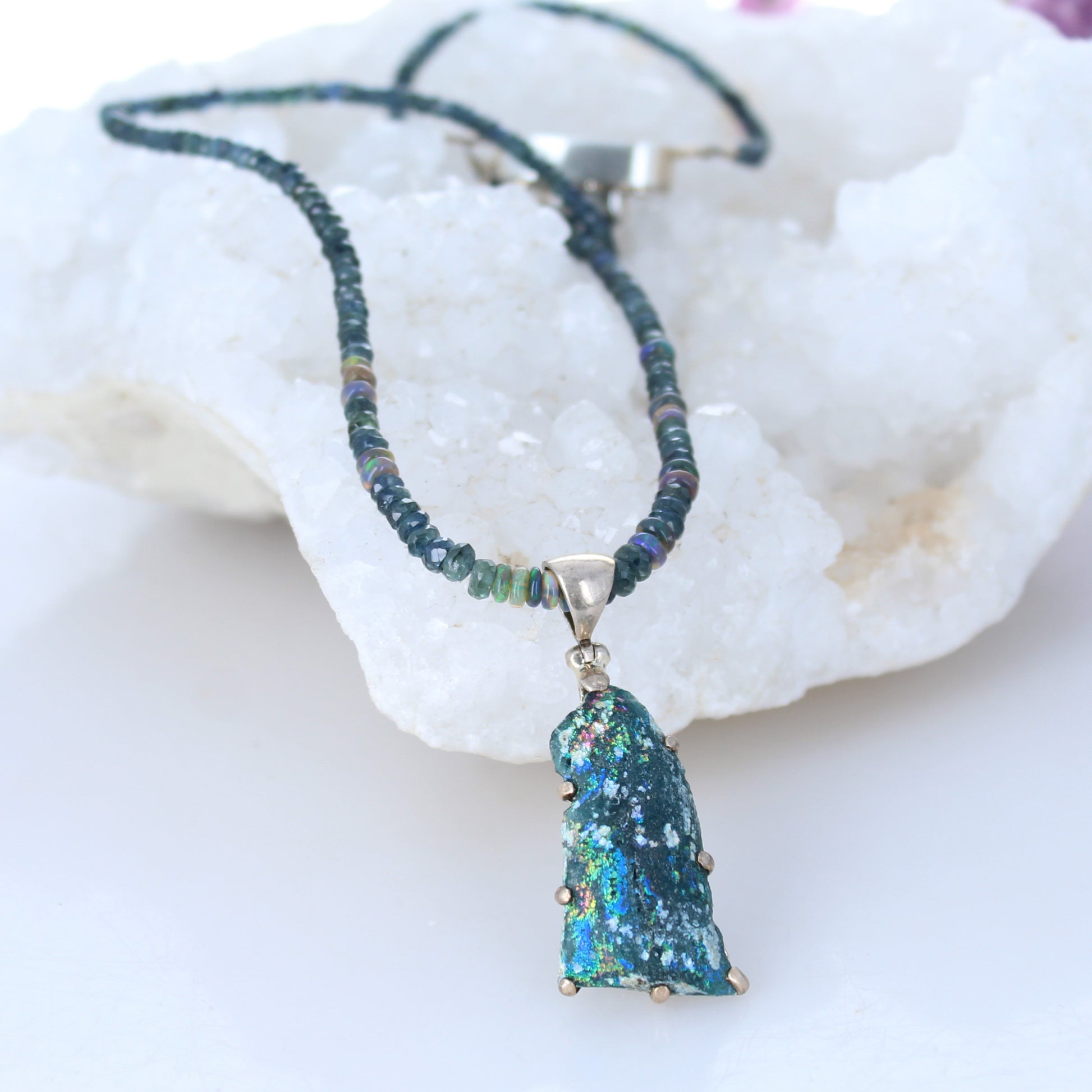 Ancient Roman Glass, Midnight Sapphire And Ethiopian Opal Necklace -NewWorldGems
