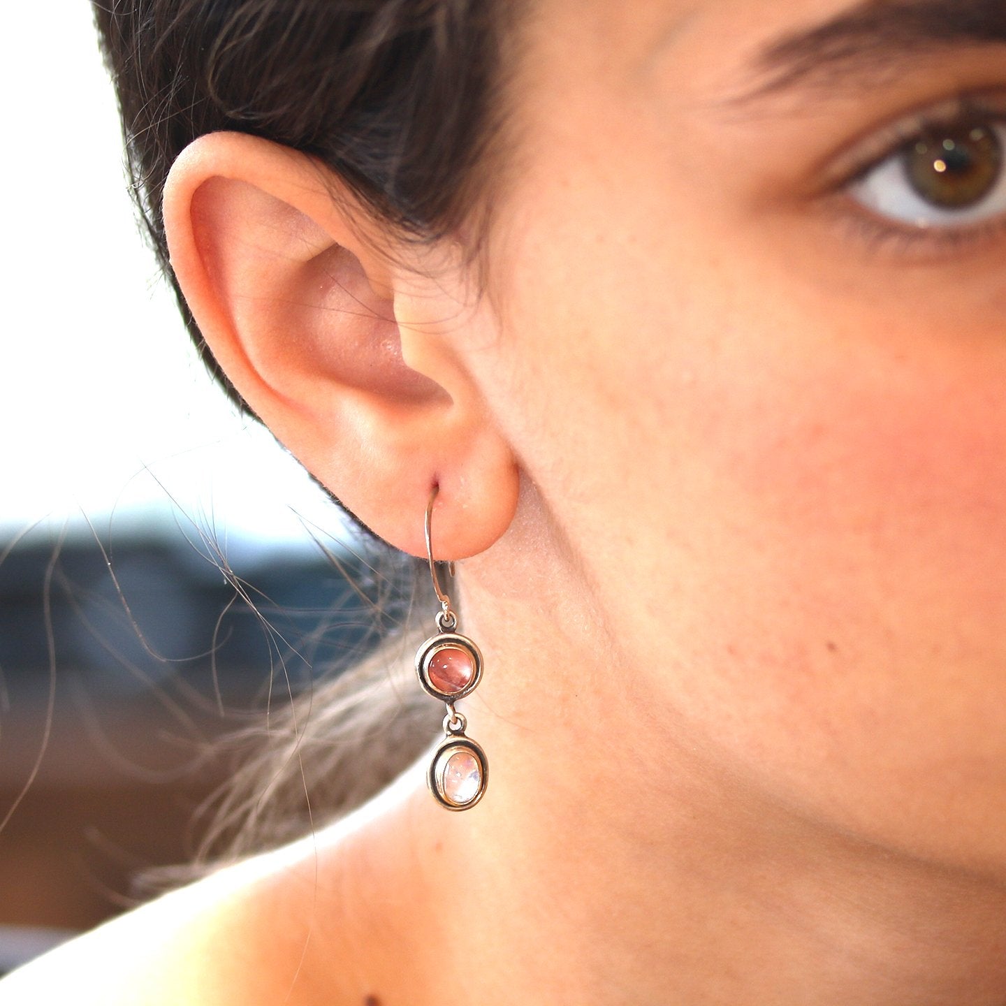 Rhodochrosite And Blue Moonstone Earrings Dangles Hoops -NewWorldGems