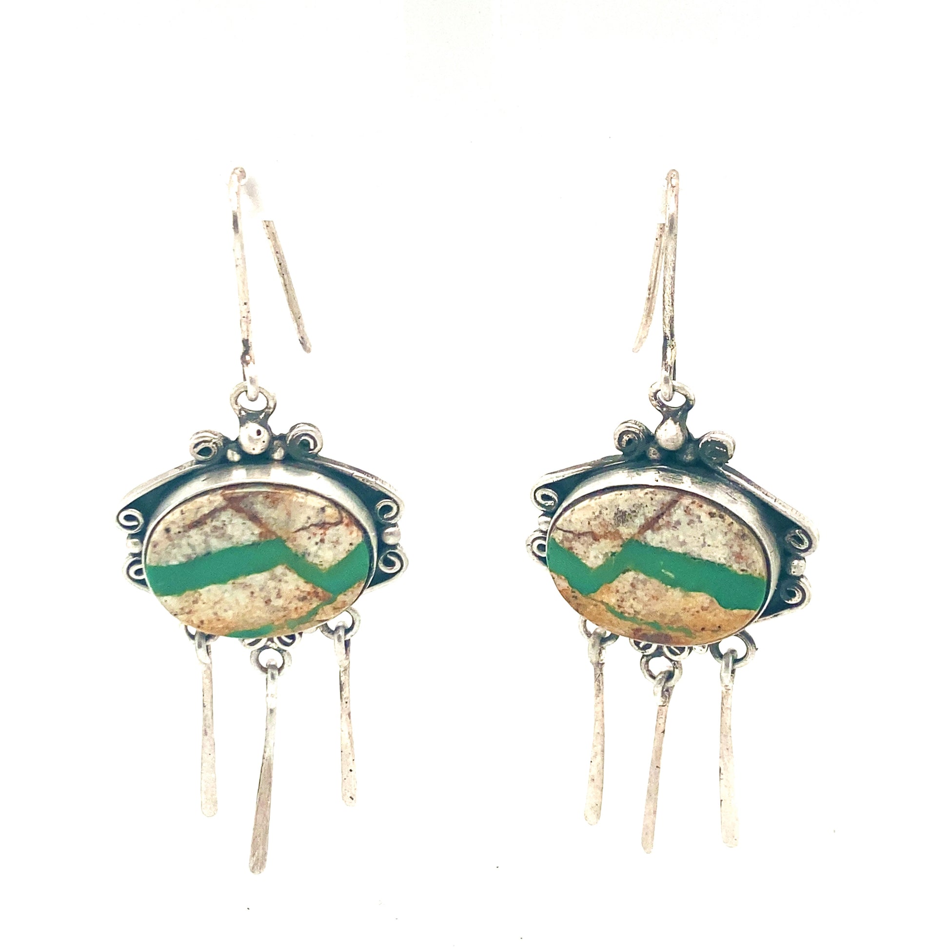 Royston Turquoise Sterling Silver Dangle Earrings Scroll Design -NewWorldGems