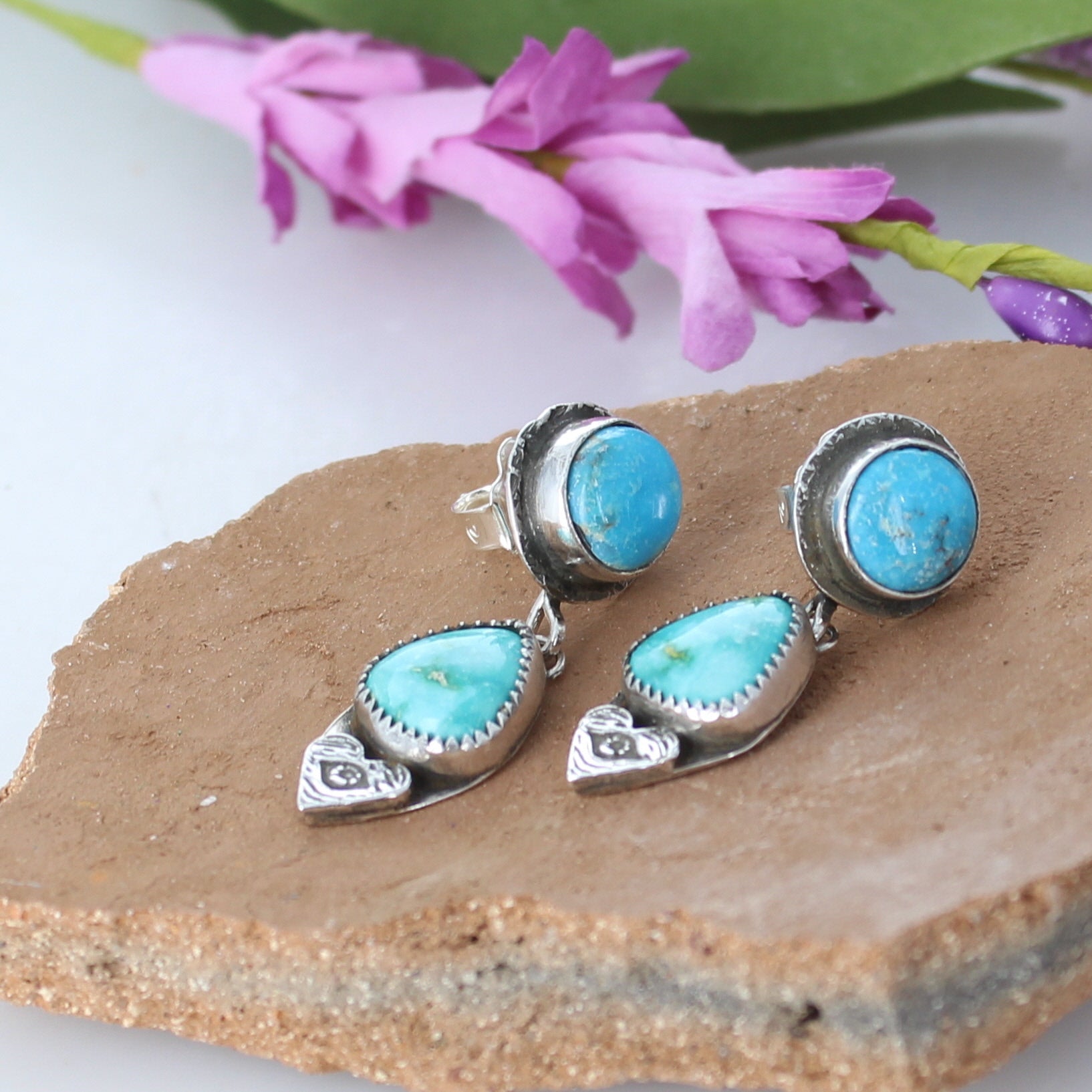 Sonoran Turquoise Earrings Lime Green Blue Sterling 2 Stone -NewWorldGems