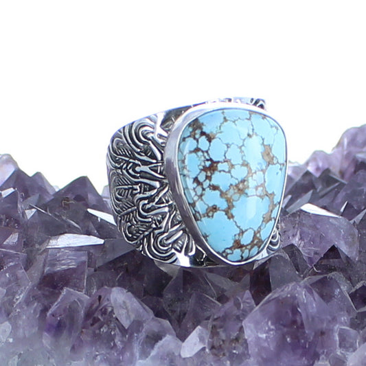 Beautiful Sierra Nevada Turquoise Patterned Sterling Silver Ring -NewWorldGems