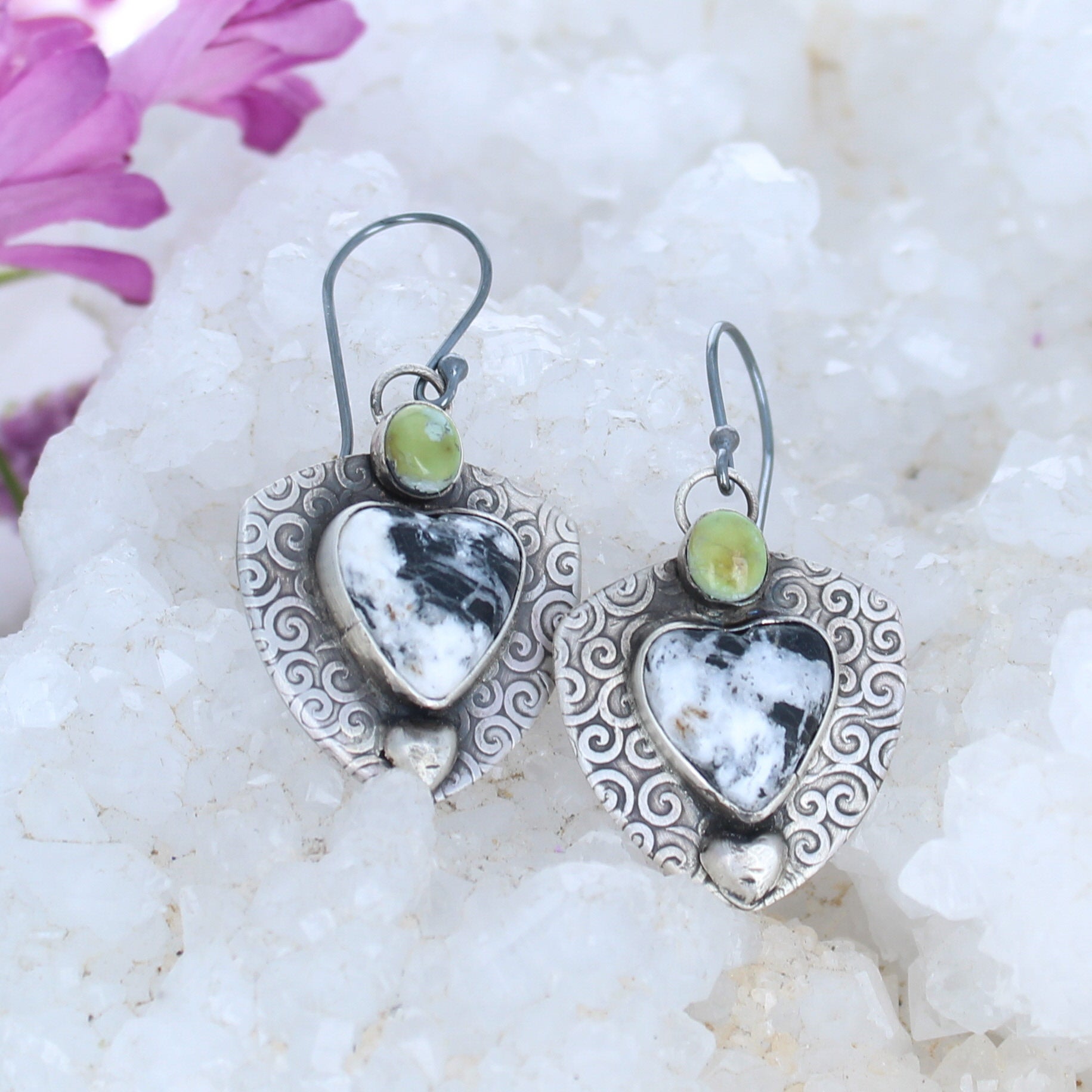 Hearts Sonoran Gold and White Buffalo Turquoise Earrings Sterling -NewWorldGems