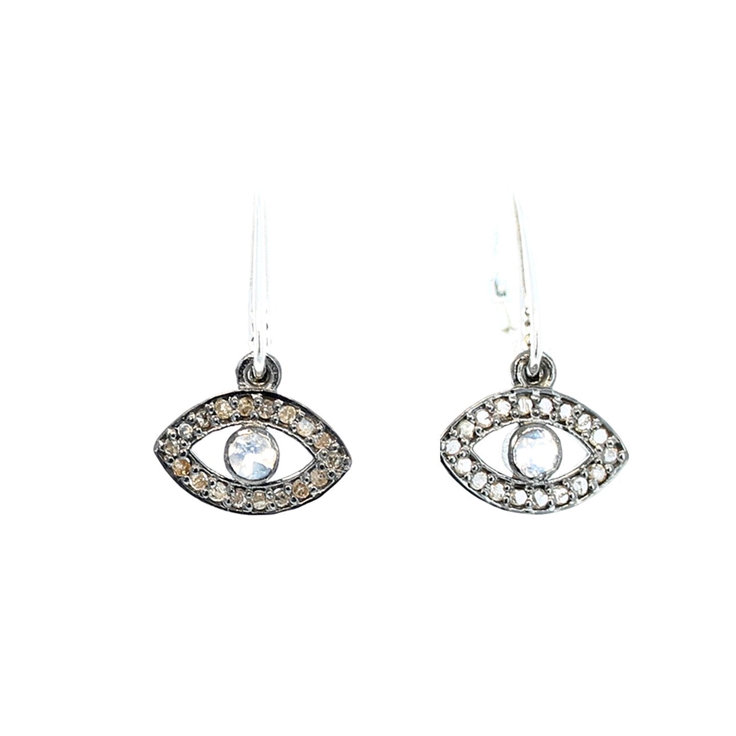 Pave Diamond Earrings Sterling Silver Evil Eye 1.25" -NewWorldGems
