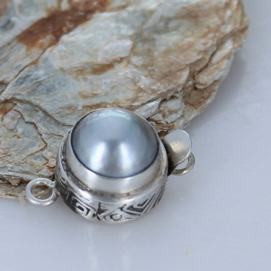 Silver Mabe Pearl Clasp Textured Design 12mm Sterling -NewWorldGems
