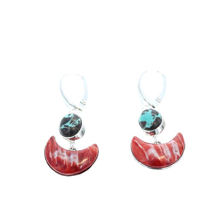 Red Spiny Oyster Moon Earrings With Turquoise Accents -NewWorldGems