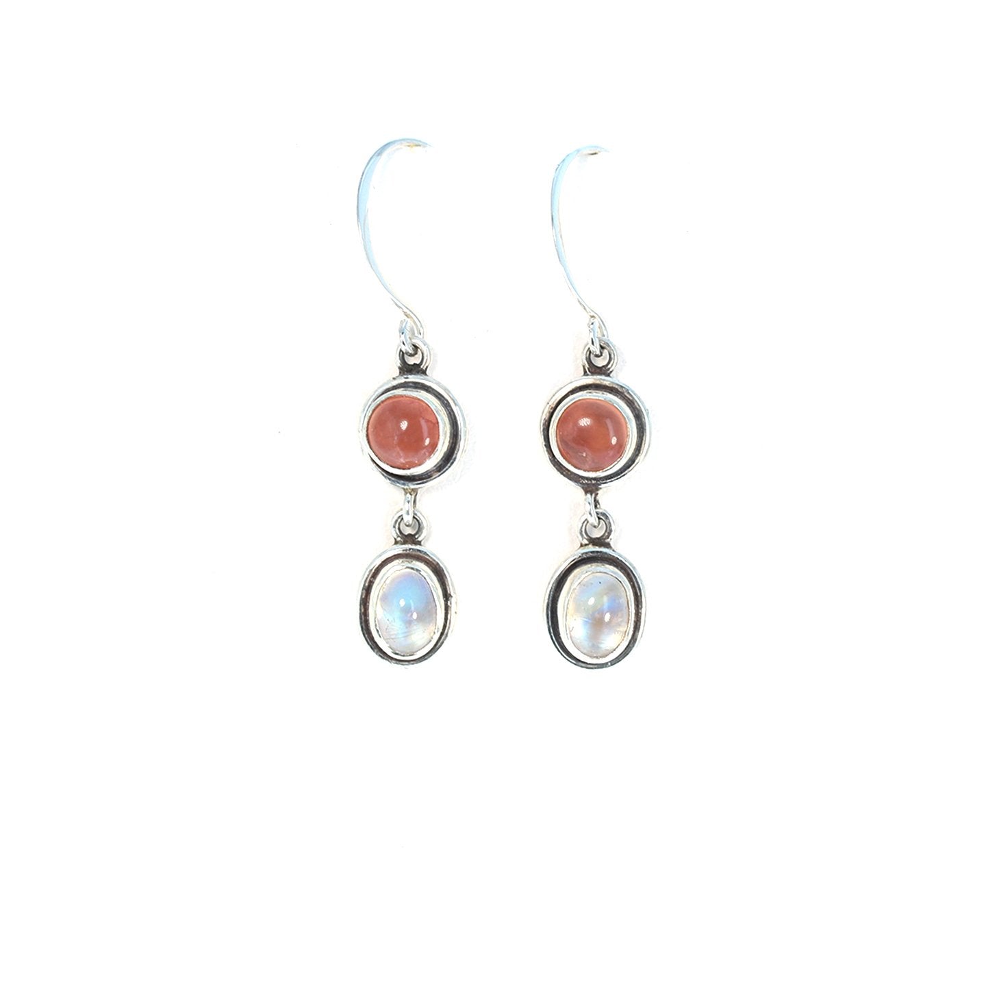 Rhodochrosite And Blue Moonstone Earrings Dangles Hoops -NewWorldGems