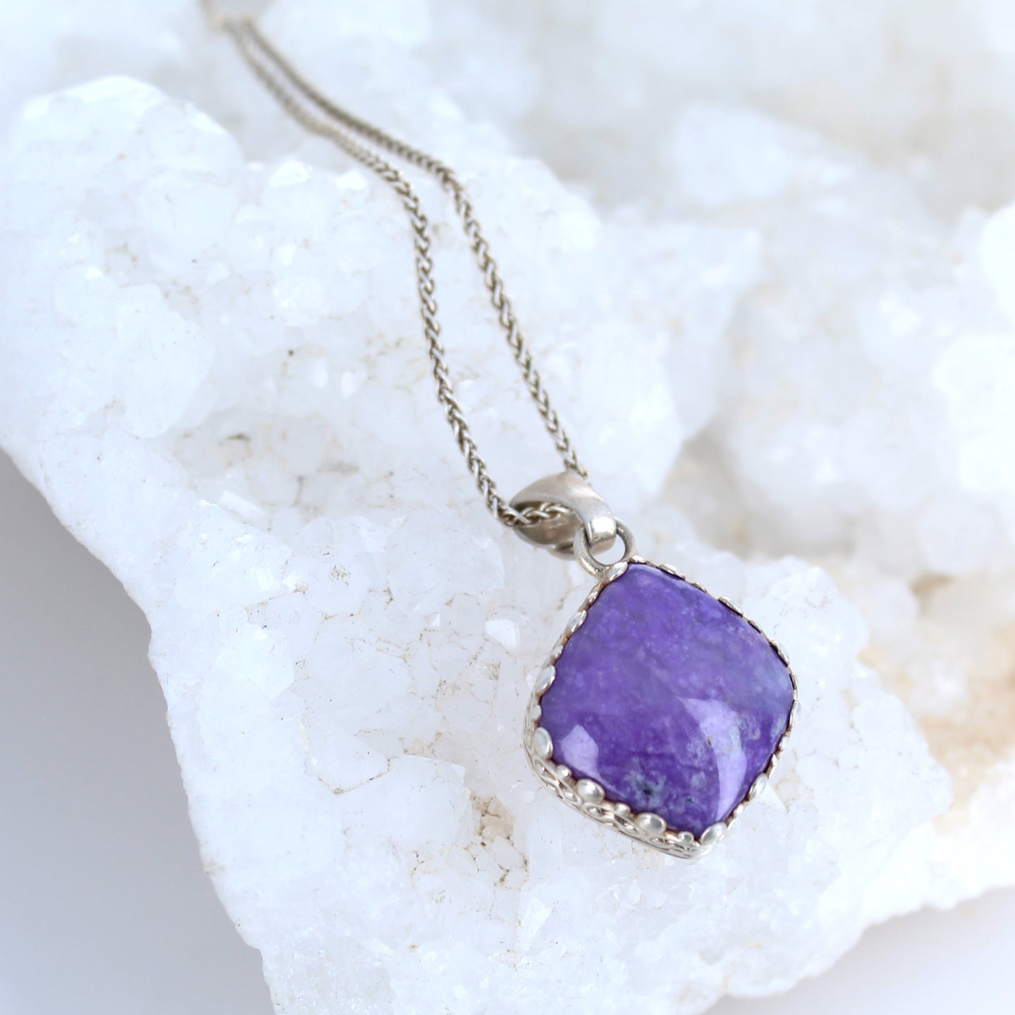 Sugilite Diamond Shape Pendant Deep Royal Purple Sterling 16" -NewWorldGems